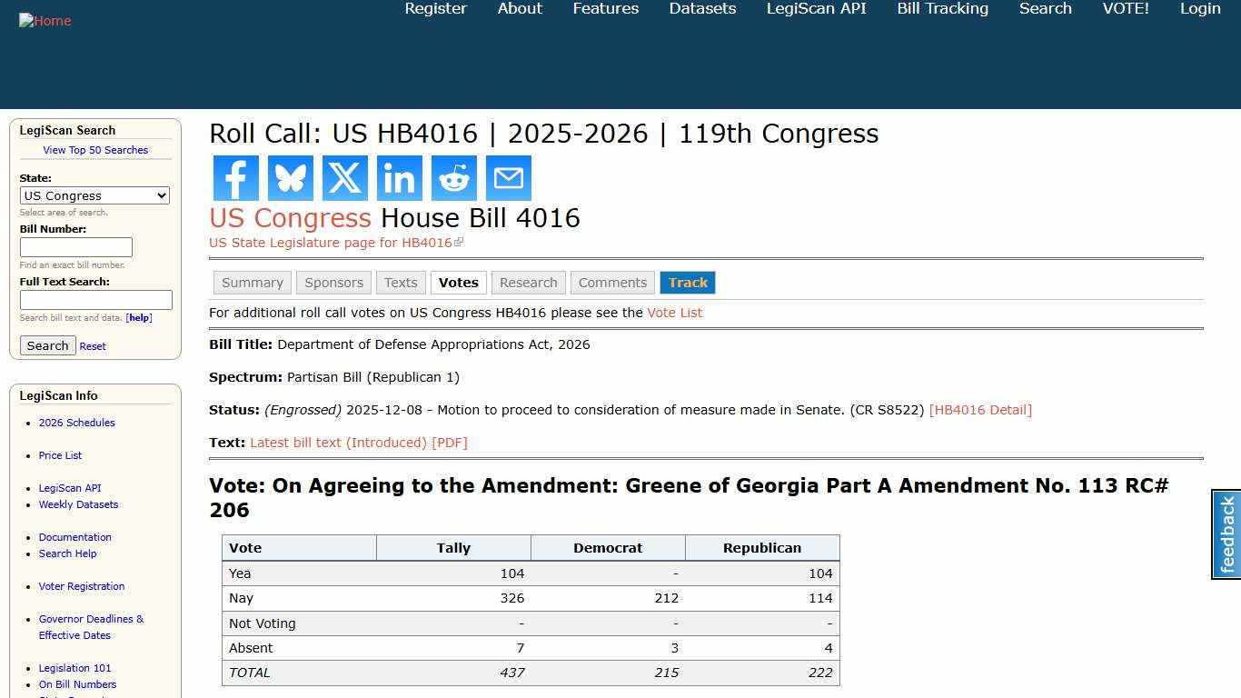 Roll Call: US HB4016 2025-2026 119th Congress LegiScan