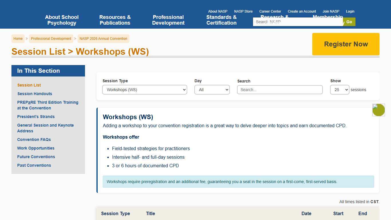 NASP 2026 Annual Convention Session List Workshops (WS)